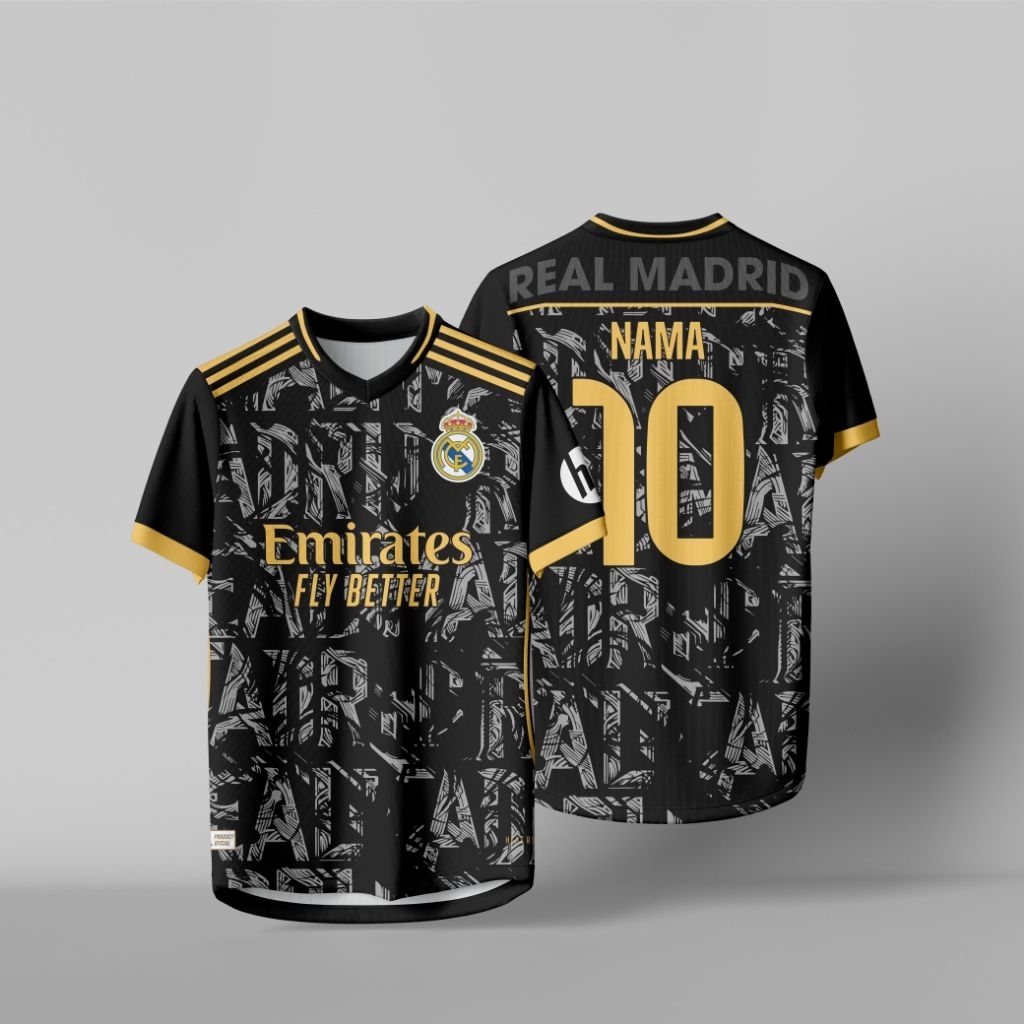 Yins Jersey – Jersey Real Madrid Hitam Gold Emirates Full Print DriFit Kaos Bola Futsal Custom Nama 