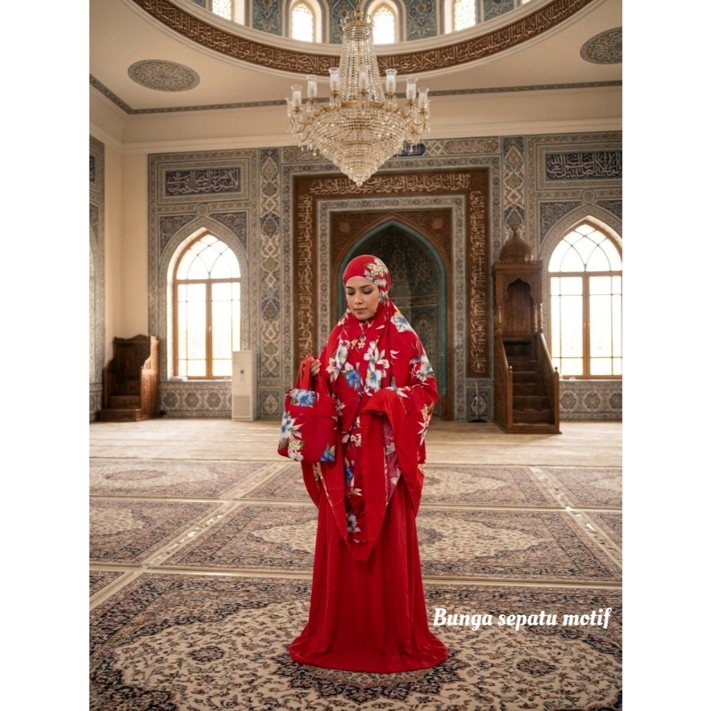 MUKENA BALI | MUKENA DEWASA | JUMBO DEWASA | BUNGA SEPATU MERAH MOTIF | MOTIF BUNGA | BAHAN RAYON PR