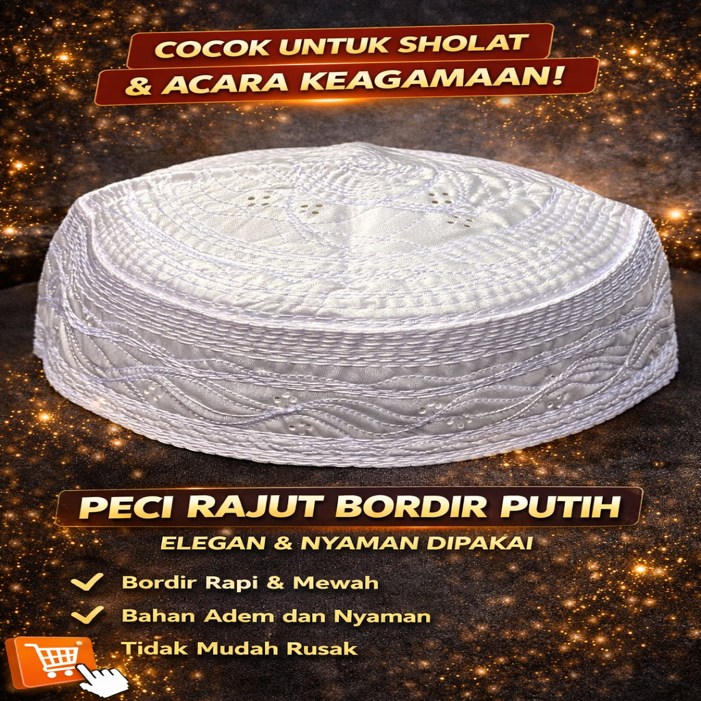 Peci Lobe Kopiah Thailand Putih Bordir Dewasa Kopiah Muslim Sholat Premium