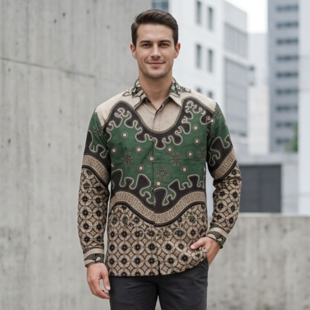 Batik Pria Lengan Panjang Hijau Bahan Katun Prima Reguler - Seragam Batik Pria Pernikahan Dan Kantor