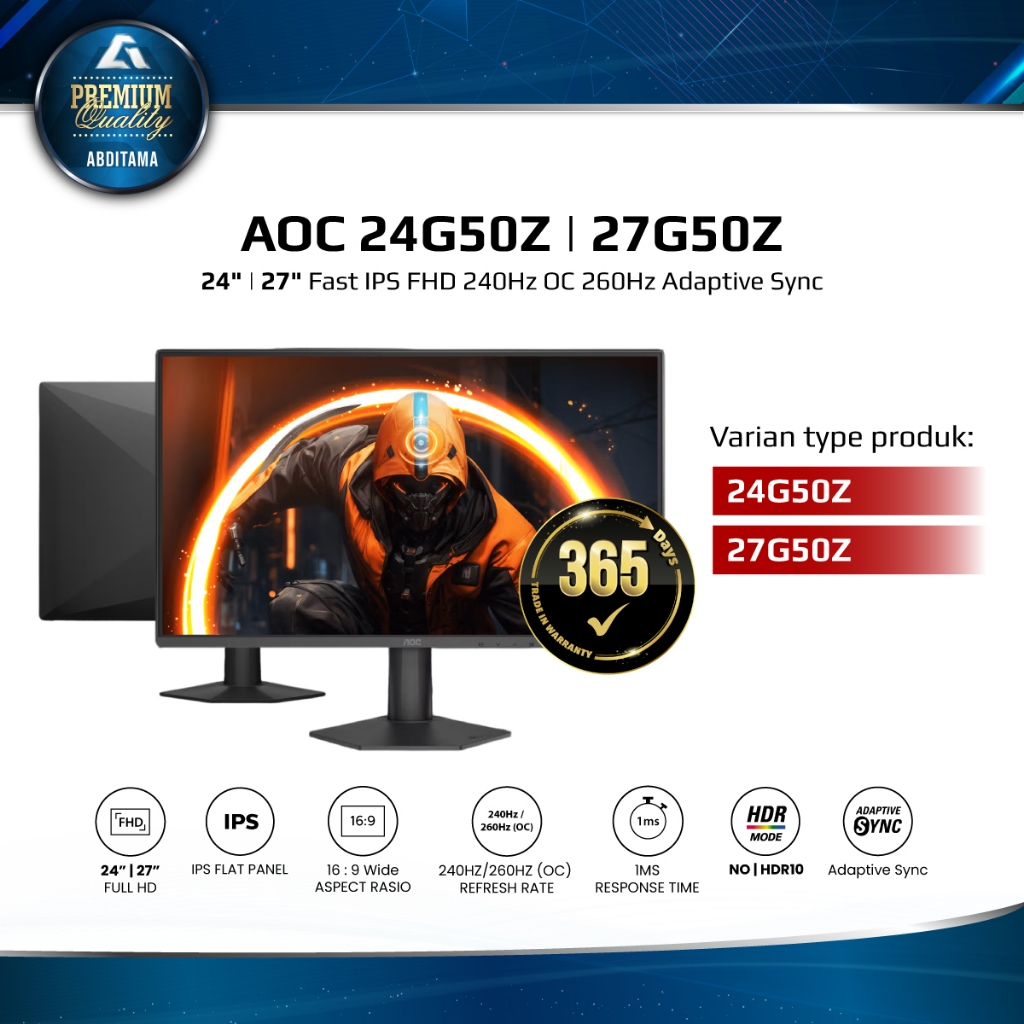 AOC 24G50Z 24" | 27G50Z 27" Fast IPS FHD 1080p 240Hz OC 260Hz 1ms HDMI 2.0x1 DP 1.4x1 107% sRGB