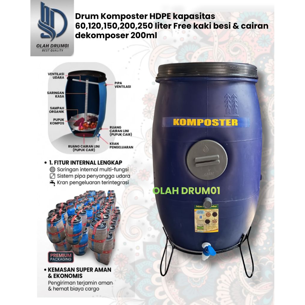 Drum Komposter/tong sampah/drum sampah organik/poc kapasitas 30,60,120,150,200,250 liter lengkap HDP