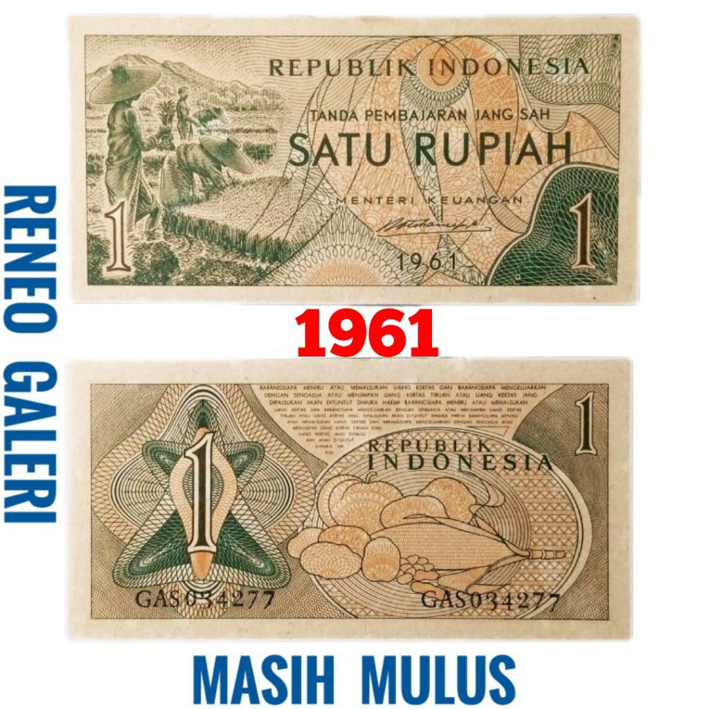 Mulus asli Rp 1 Rupiah Tahun 1961 Seri Sandang Pangan uang kertas Kuno duit jadul lawas lama 1961 or