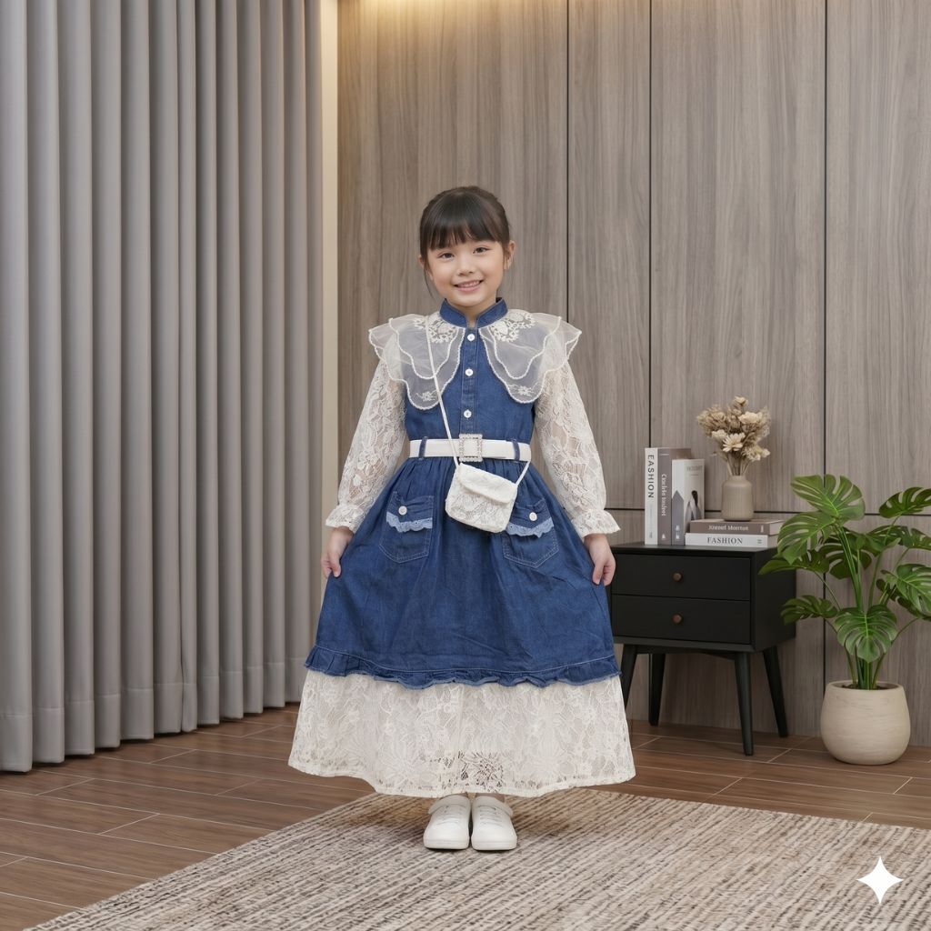 Gaun Jeans Organza Denim Farian Belt Putih untuk Anak Perempuan Usia 3-10 Tahun Baju Muslimah Lengan