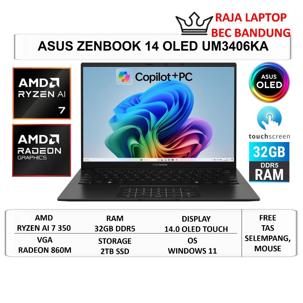 Laptop Asus Zenbook 14 OLED UM3406 AMD Ryzen AI 7 350 32GB DDR5 2TB SSD 14" WUGA OLED Touchscreen