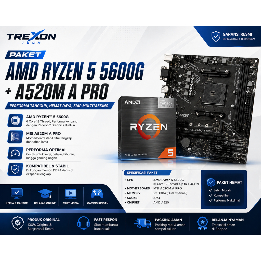 Paket Mobo AMD Ryzen 5 5600G + MSI A520M A PRO AM4 DDR4 | Bundling CPU Motherboard Gaming Kantor Edi