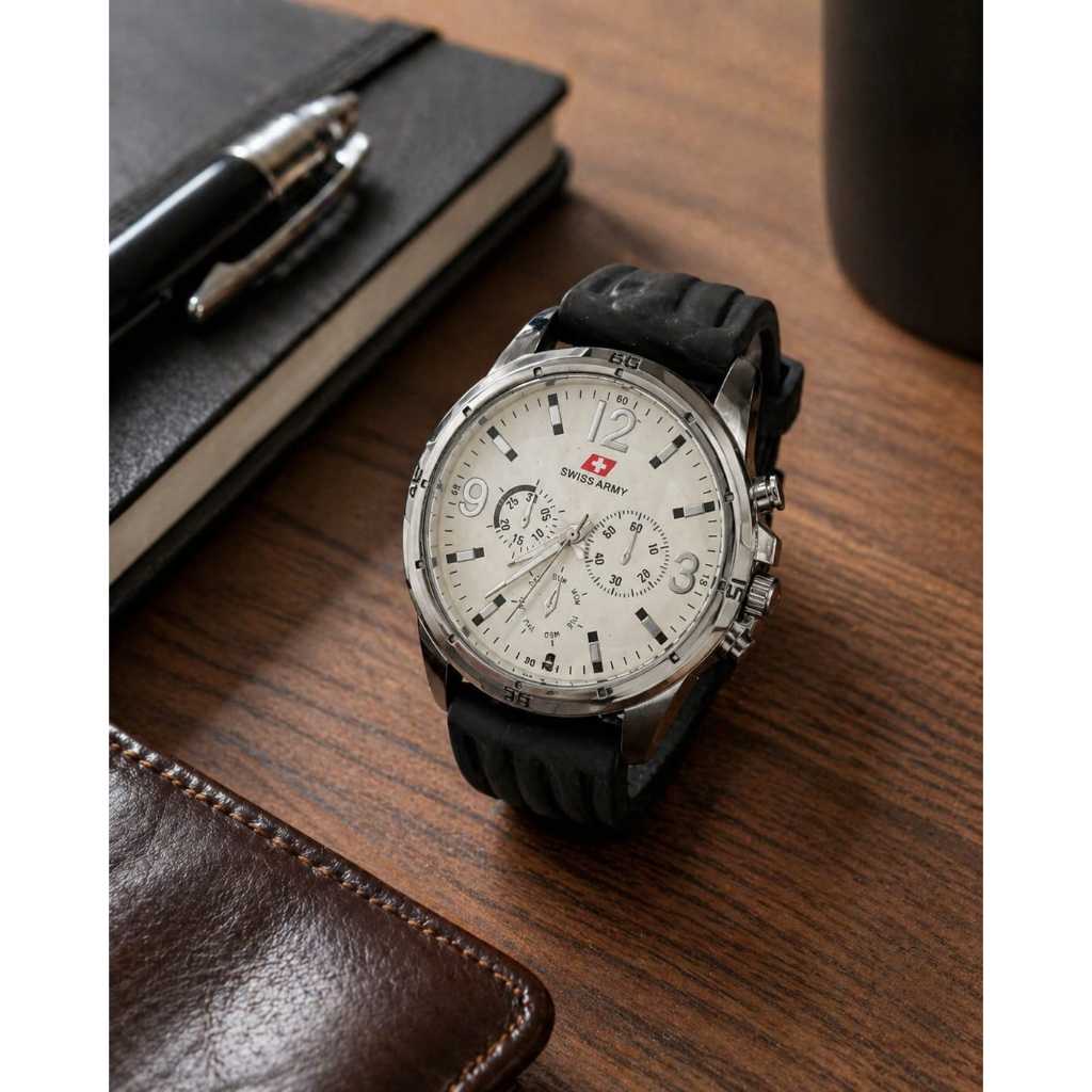 Jam Tangan Pria Swiss Army Style Chronograph Strap Kulit Hitam Dial Putih
