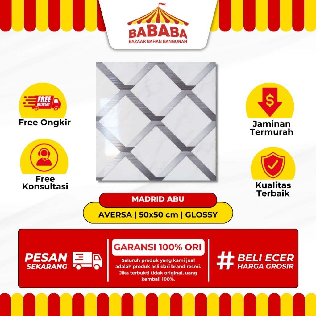 Keramik Lantai Ukuran 50x50 Aversa Madrid Abu I Motif 3D Glossy Keramik Lantai Ruang Kamar Rumah