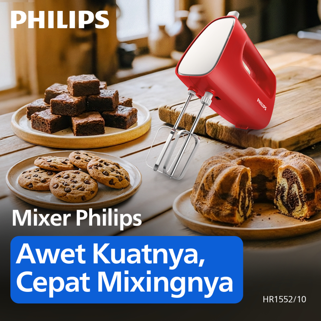 Mixer Tangan Philips HR1552/10 - Merah 170W, 5 Kecepatan Manual dengan 2 Beater dan 2 Dough Hook
