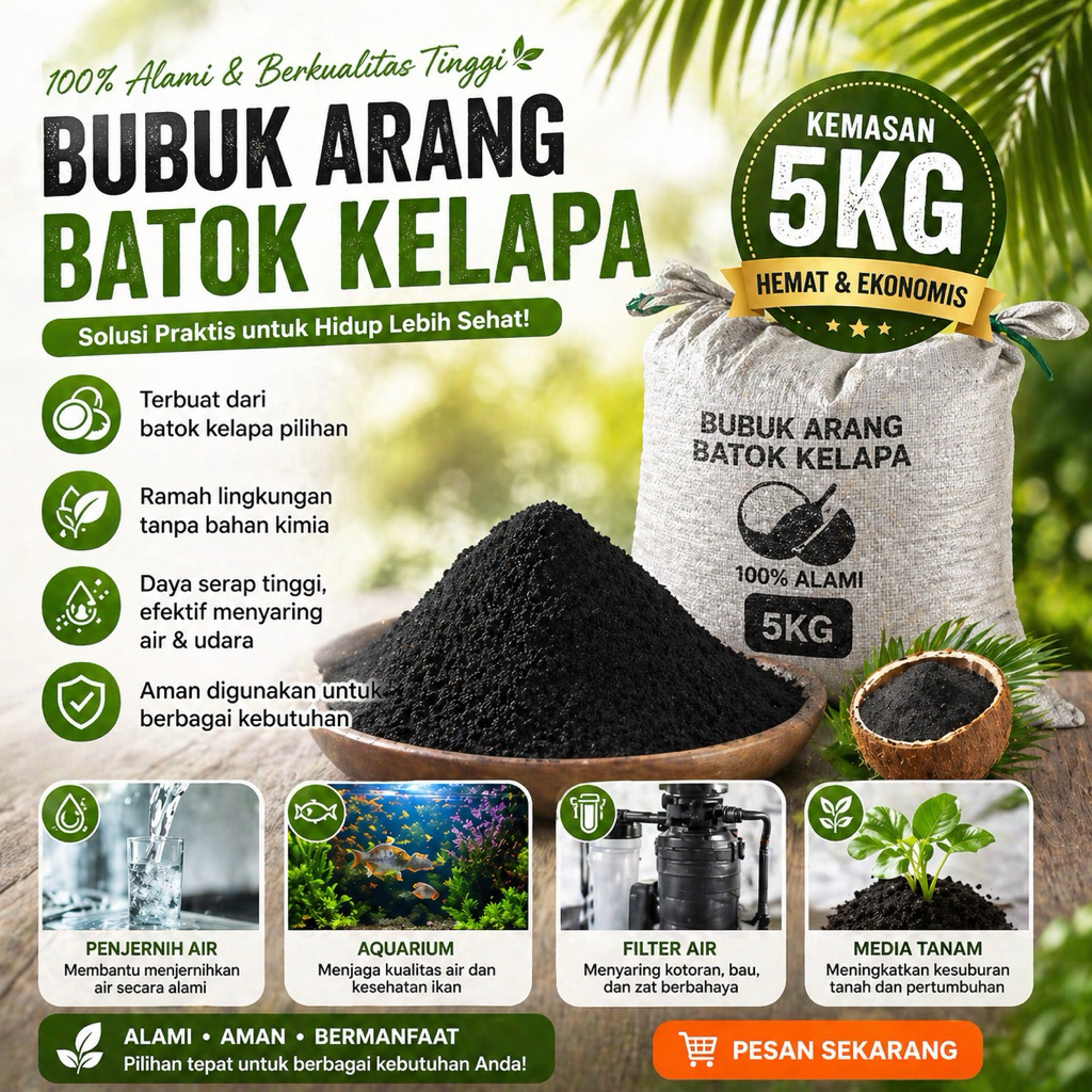 Serbuk arang batok kelapa residu abu halus arang batok kelapa premium kemasan 5kg 100% asli