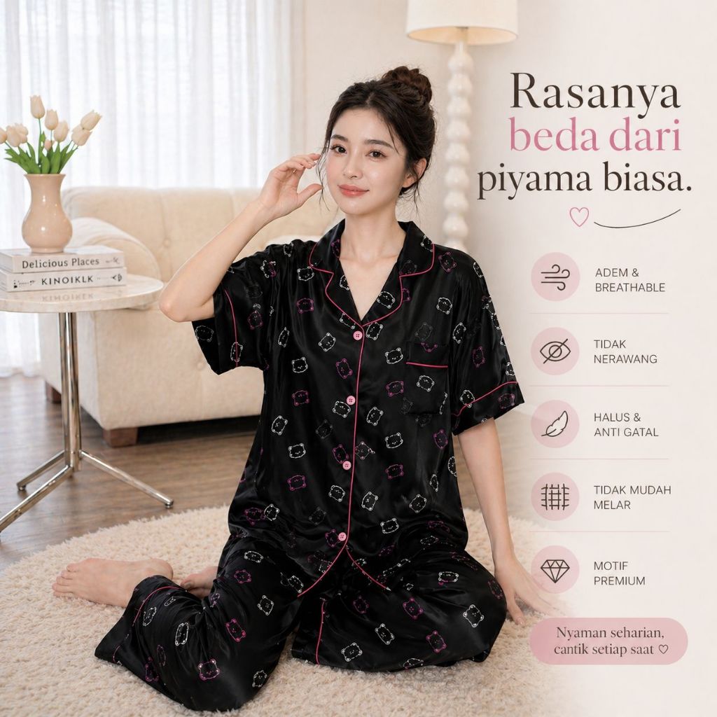 NANAMI - Setelan Piyama Wanita Korean Sutra Silk L XL XXL Motif Cherry Baju Tidur Adem Lembut Jumbo 