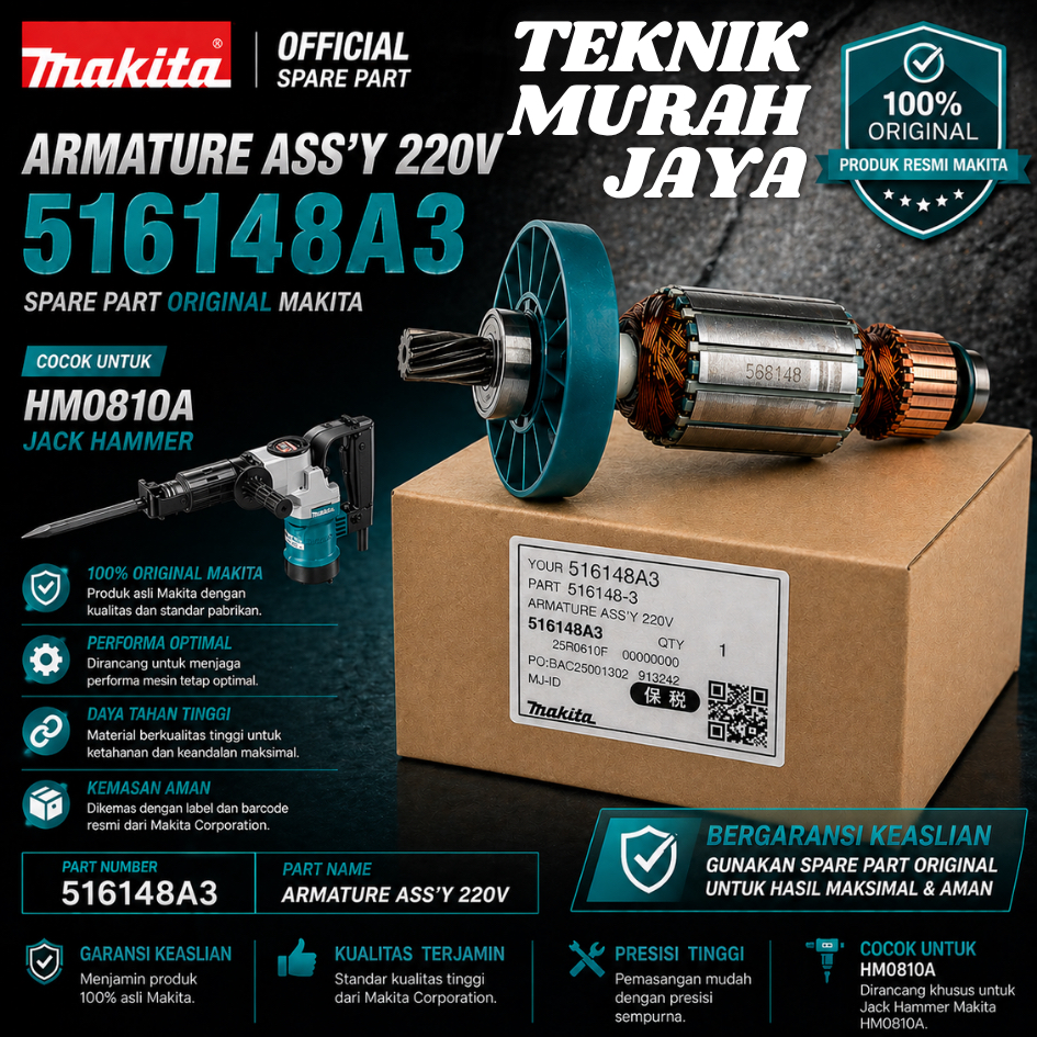 MAKITA ARMATURE ASSY HM0810A ASLI Part Number 516148A3 / 516148-3 Original Makita Mesin Bor Bobok Be