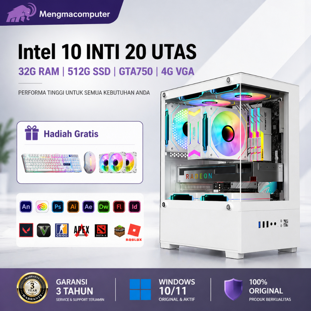 MA PC gaming full set 12-inti baru, Komputer desktop perakitan desain kantor dan bermain game
