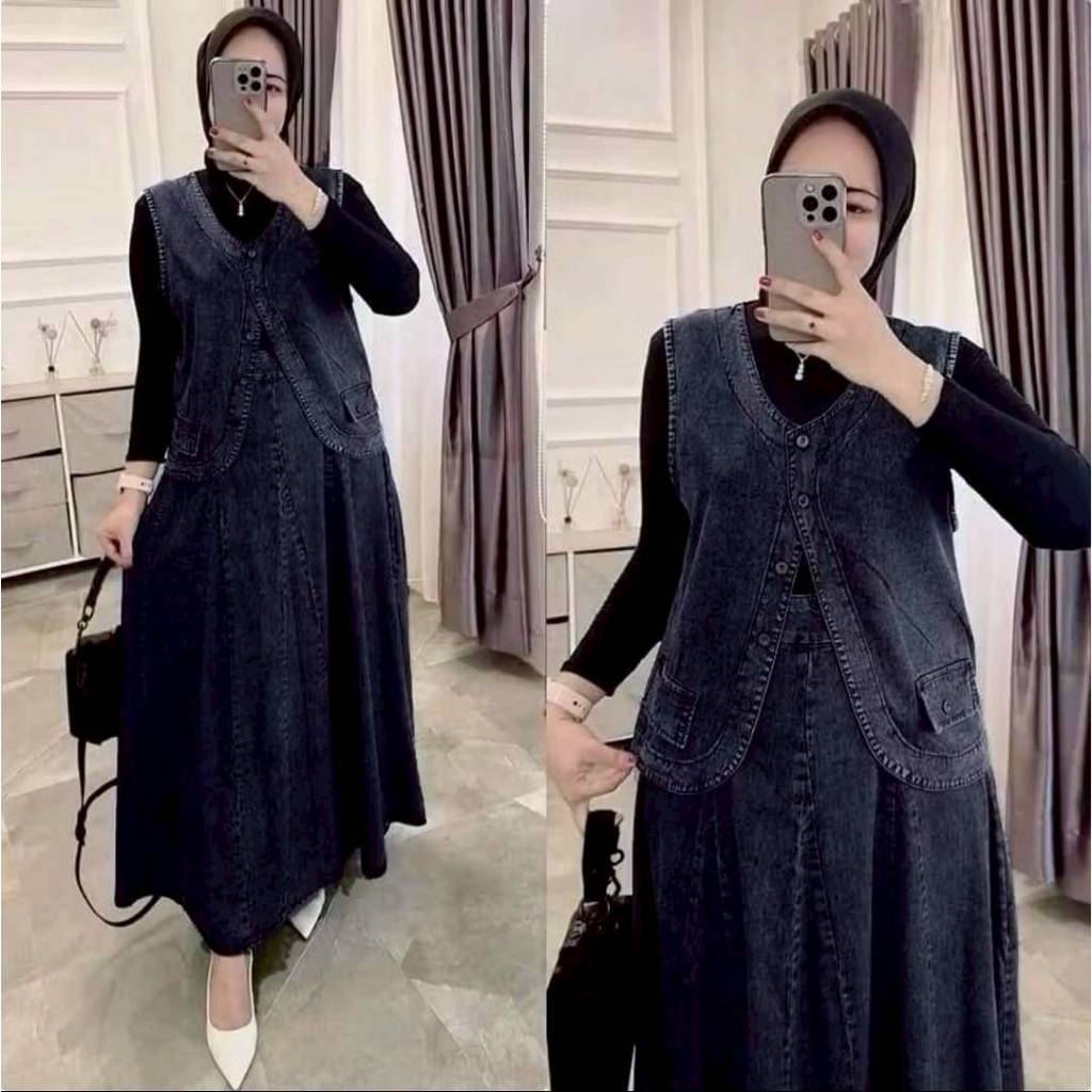 Monalisa vest Set Baju Stelan Rok jeans Wanita One Set Jeans Premium Atasan Jeans Wanita