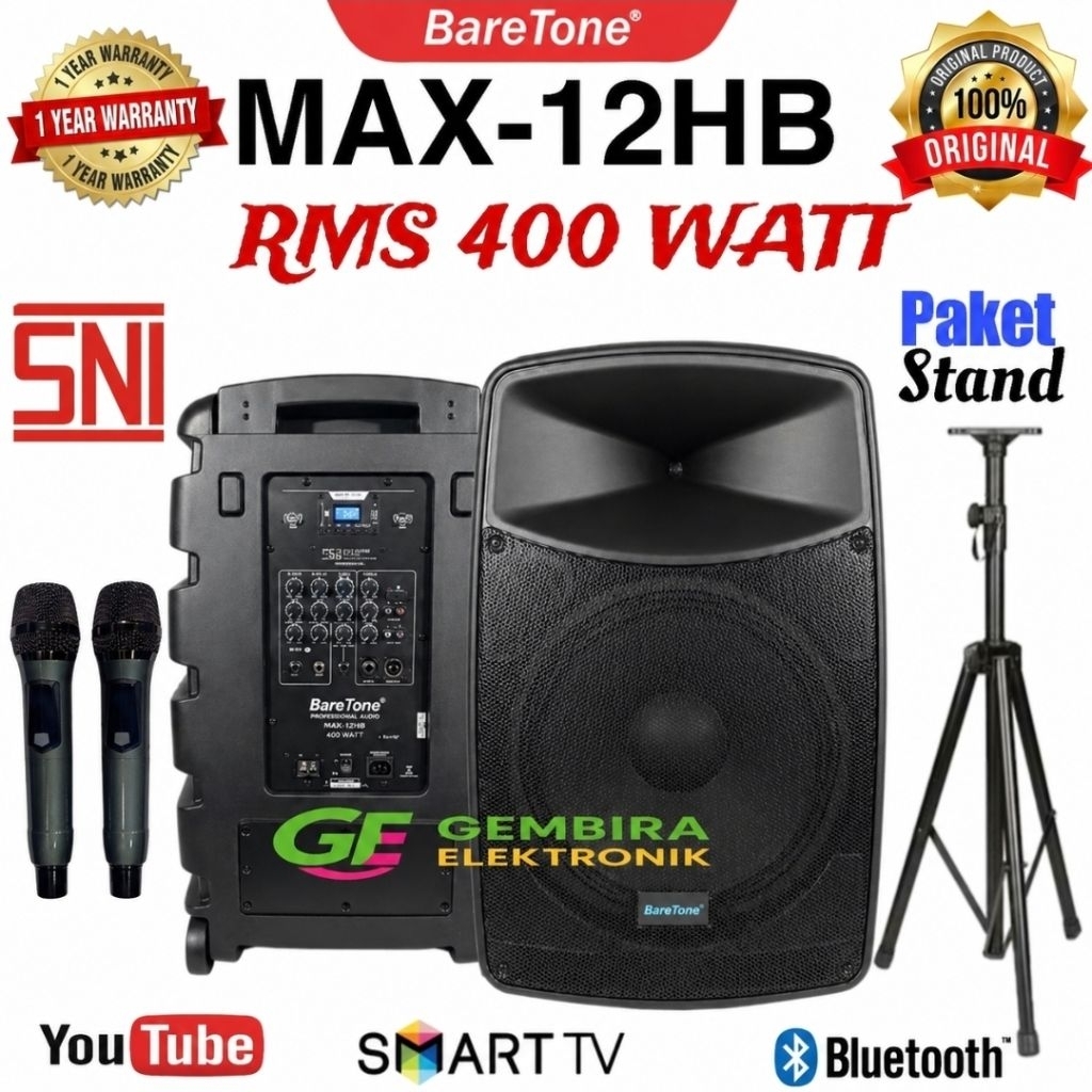 Paket Speaker Aktif Karaoke Baretone 12 Inch Max12Hb Portable Original