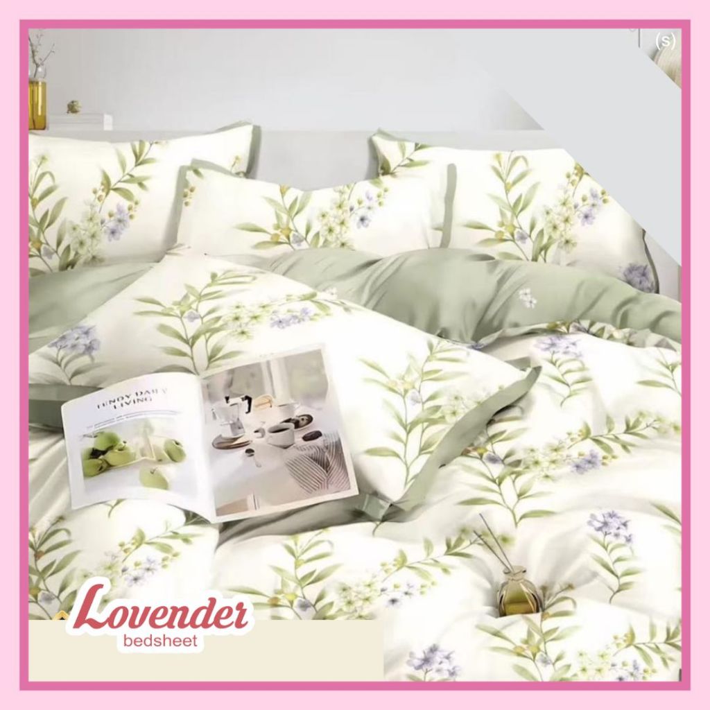 Sprei/Bedcover katun JEPANG pastel hijau green bunga lilac ungu purple tangkai daun leaf elegan dewa