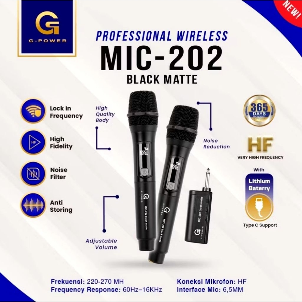 G-POWER MIC-202 Black Matte - Professional Wireless Microphone Double HF High Fidelity & Anti Storin