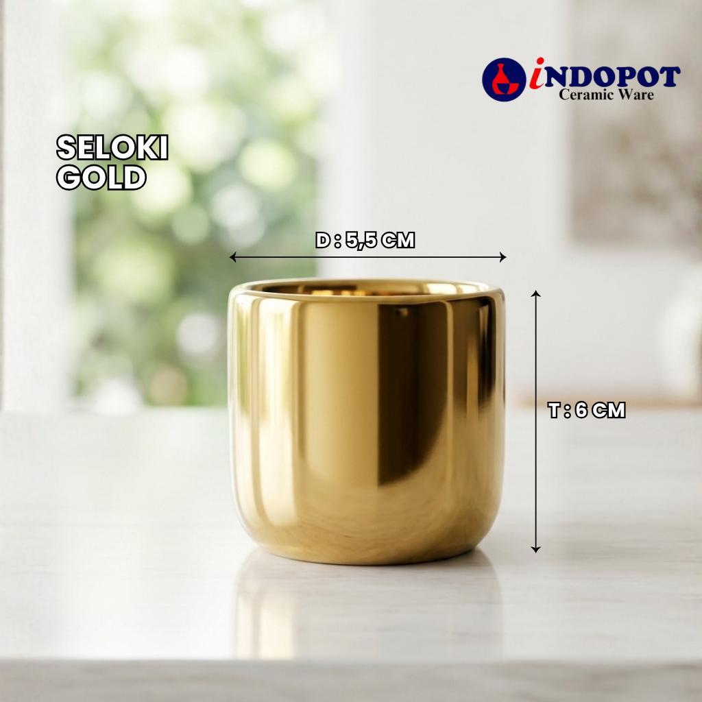 INDOPOT Pot Keramik Model Seloki Gold - Vas Bunga Silinder Emas Mewah - Dekorasi Meja Minimalis Este