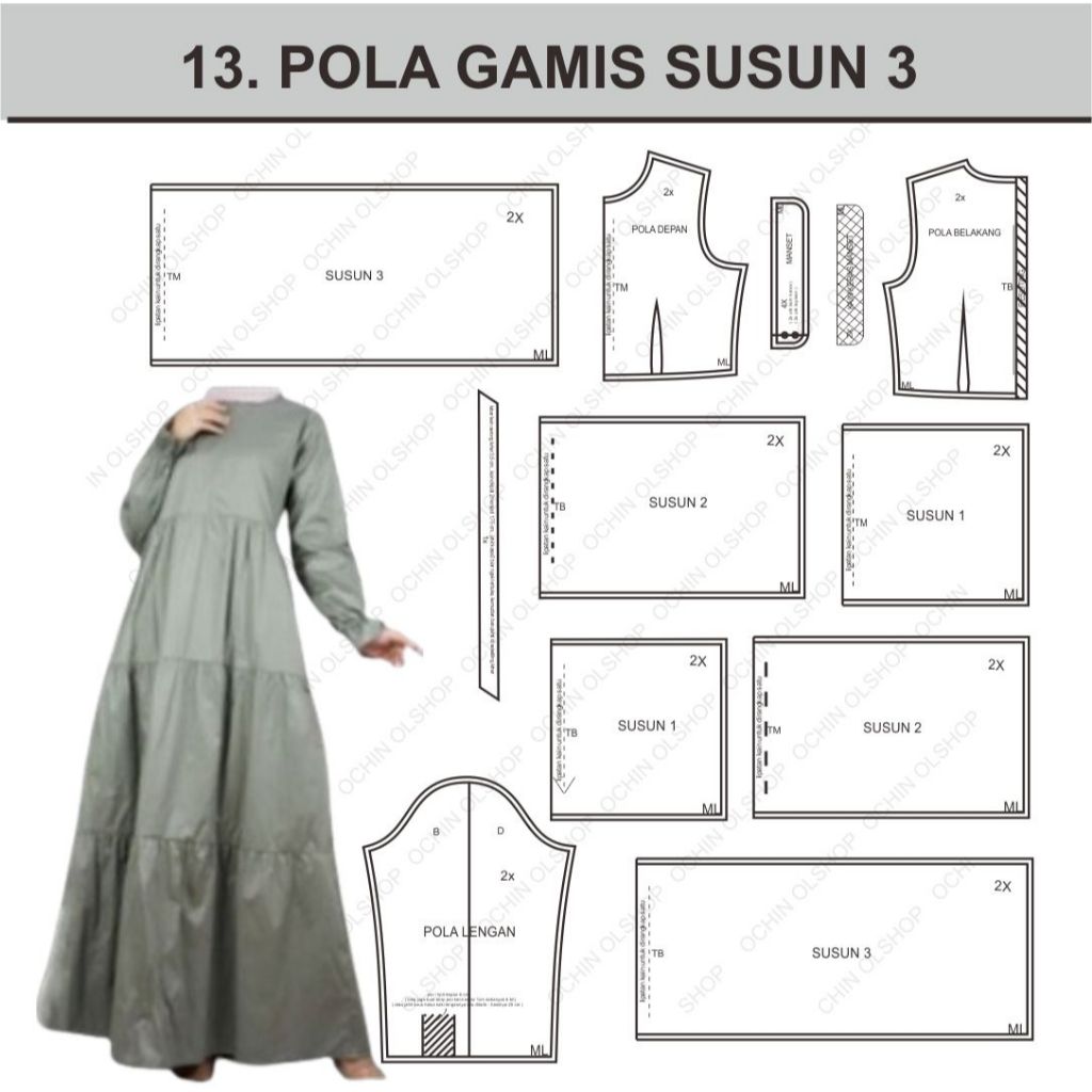 Pola Gamis Susun 3 ukuran XS-4XL - Cetak Kertas Marker/ Plotter & HVS A0 Siap Jahit