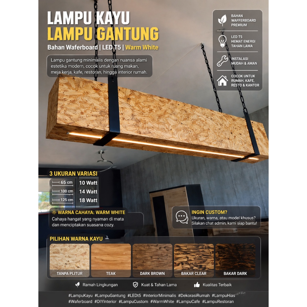 LAMPU KAYU GANTUNG MINIMALIS – WAFERBOARD LED T5