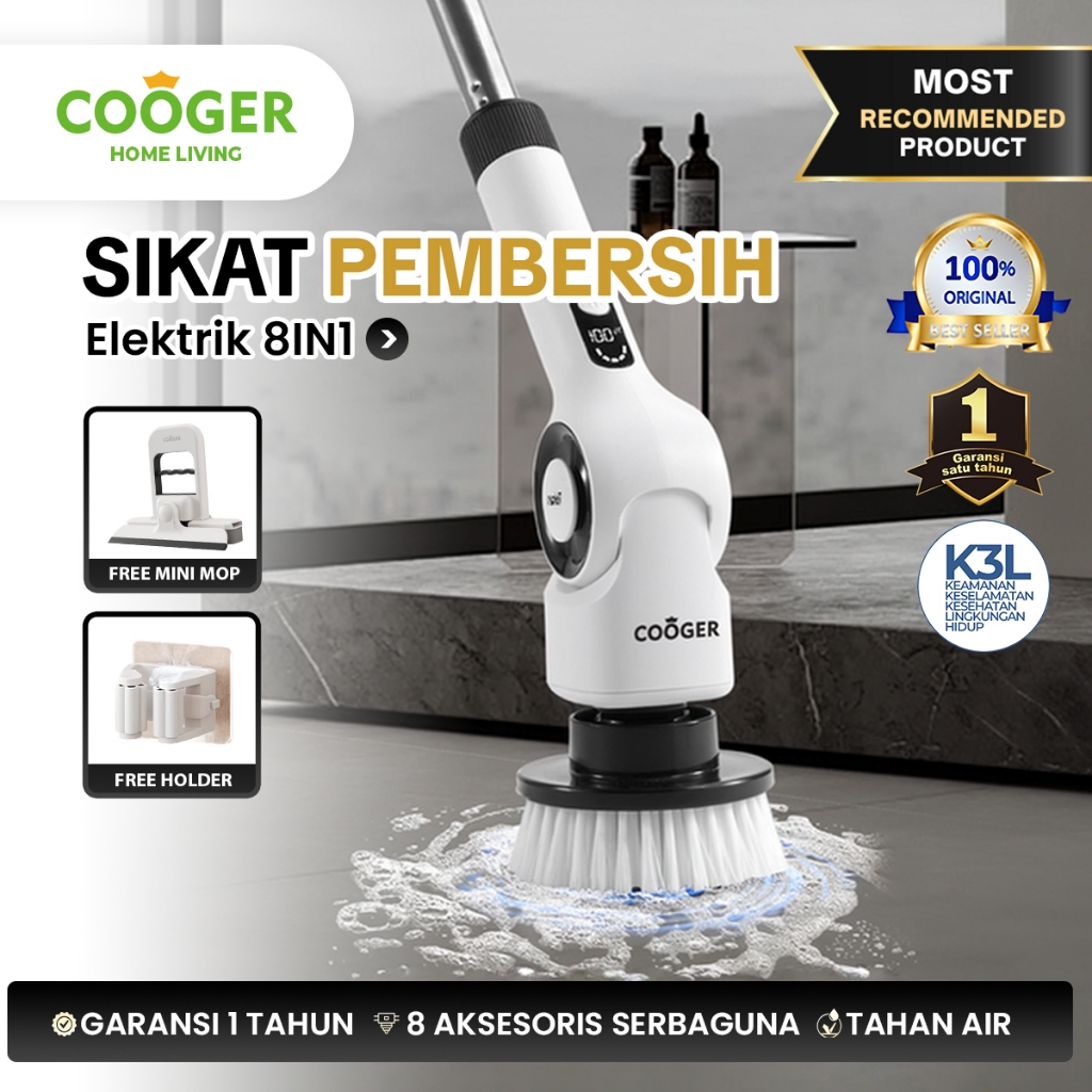 COOGER Sikat Elektrik Pembersih Kamar Mandi 8IN1 Deluxe Sikat Elektrik Kamar Mandi Tahan Air Sikat E