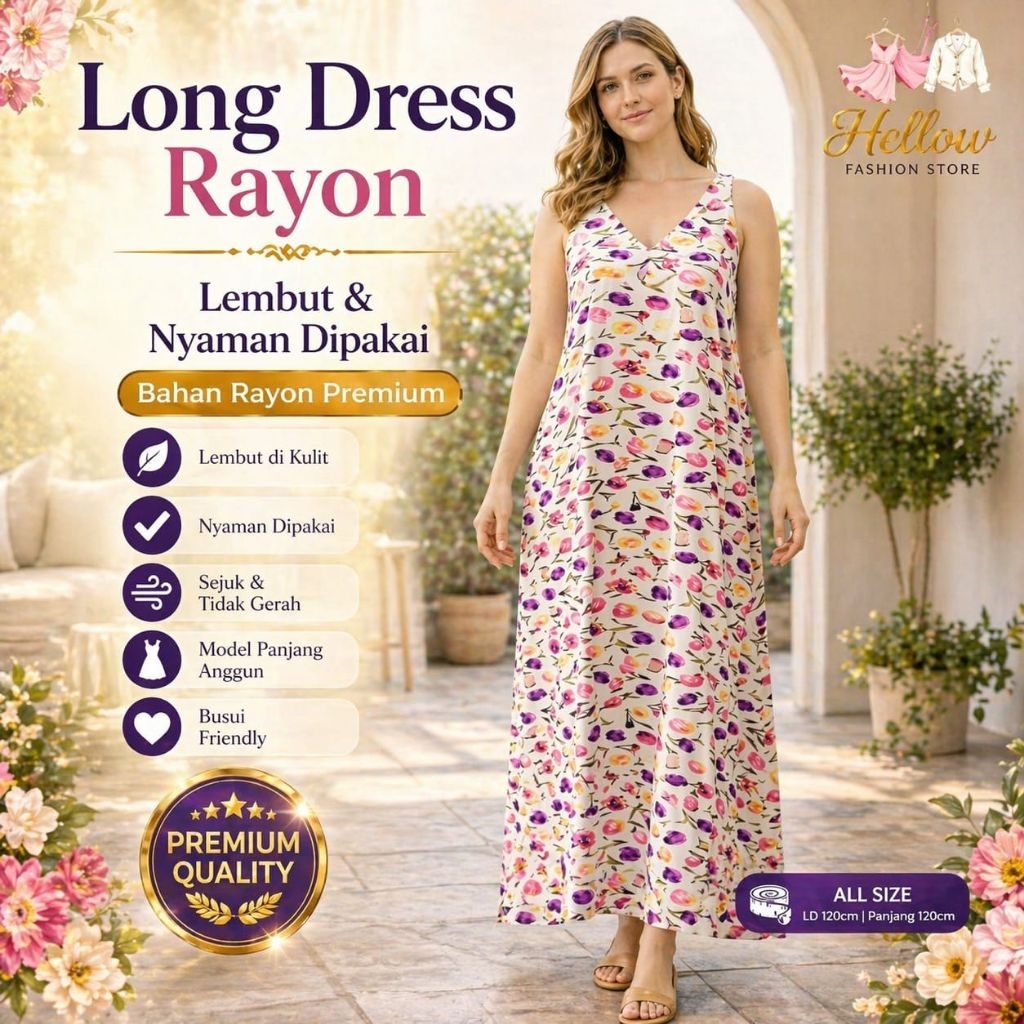 Dress Panjang Tanpa Lengan Rayon Premium Motif Kekinian Terbaru