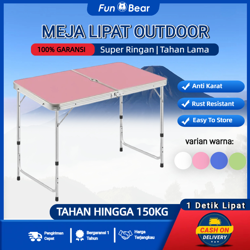 FunBear Meja Portable Lipat Koper Serbaguna 120cm - Pink Biru Hijau Putih Meja Makan Camping Belajar