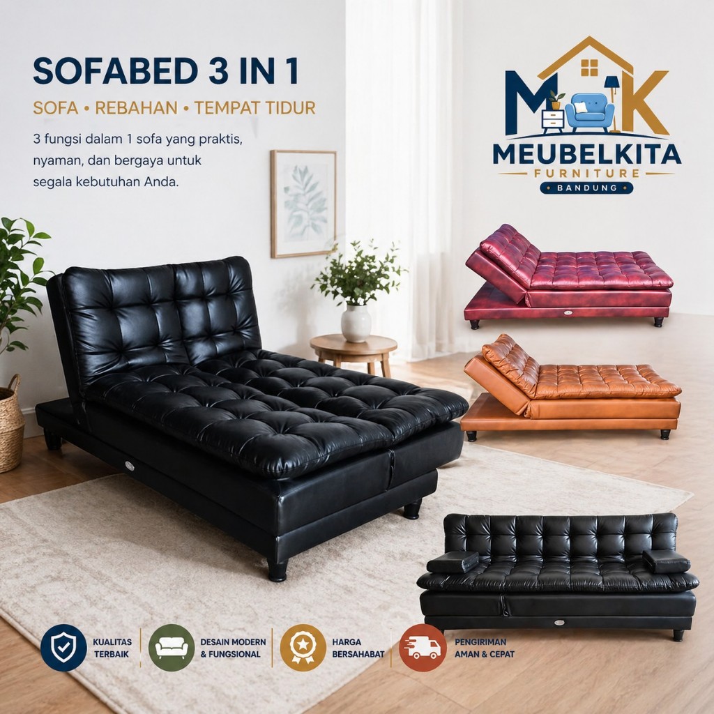 BIGLAND Sofa Bed 3in1 Bed Sofa Tamu Busa Empuk Kulit Sintetis 115x190x40cm Hitam Maroon Coklat coffe