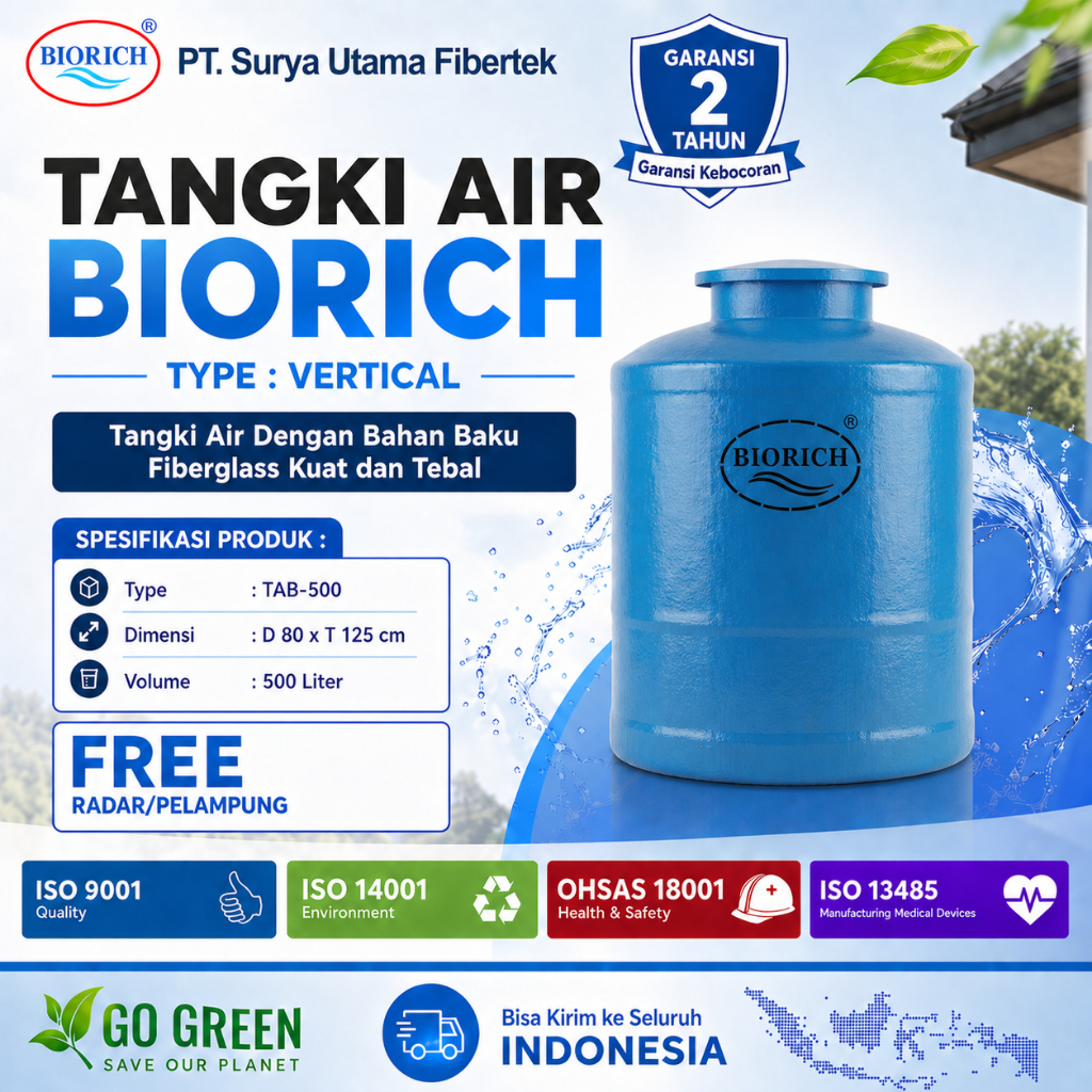 Tangki Air Fiberglass FRP BIORICH / Tangki Air Volume 500 Liter/ tandon air TAB-500/ tangki air 500 