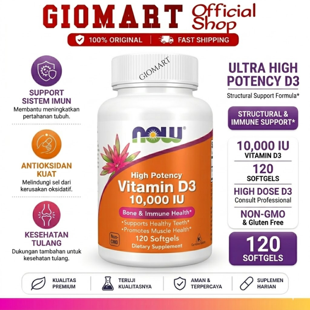 NOW Foods Vitamin D3 10000 IU High Potency Isi 120 Softgels - Suplemen Kesehatan Tulang & Daya Tahan