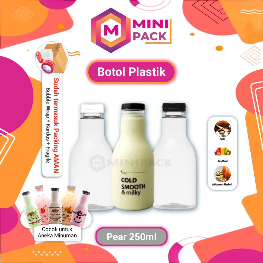 Botol Pear Pir 250ml  + Tutup  Plastik Transparan Puding Jus Susu Segar Kedelai Jamu Sirup 250ml 250