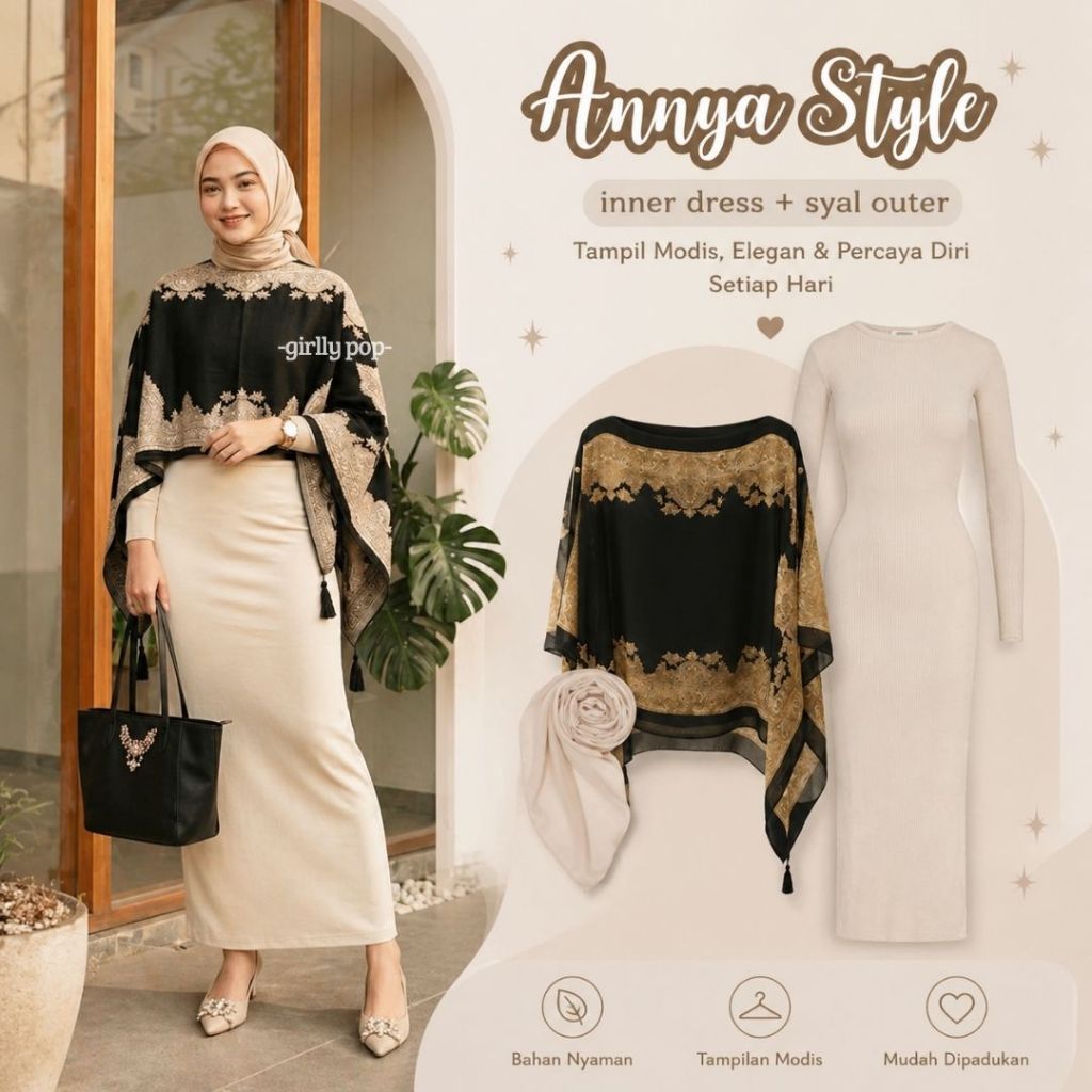 Anyya Style 3in1 Outfit Kondangan (Outer syal, Long dress, Hijab) Setelan Outer Korean Terbaru OOTD 