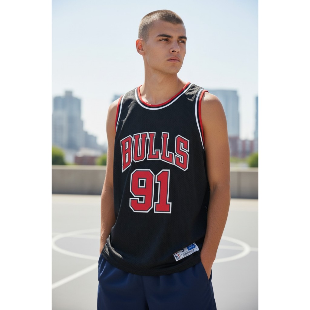 JERSEY BASKET PREMIUM IMPORT CLASSIC HWC BULLS 91 DENNIS RODMAN HITAM