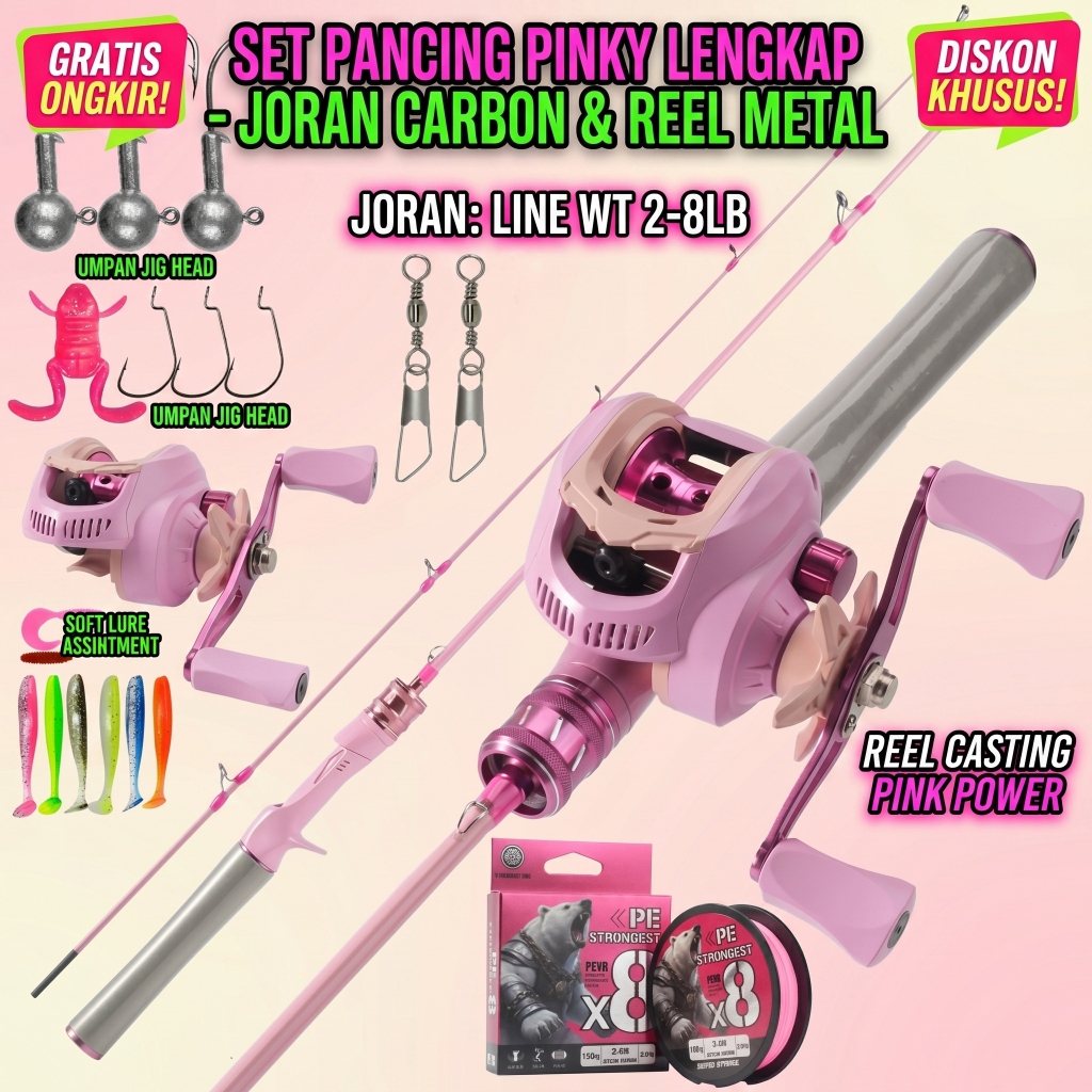 Set Alat Pancing Casting Lengkap Joran BC Carbon Pink & Reel Baitcasting 18+1BB Senar PE X8 Lure Sof
