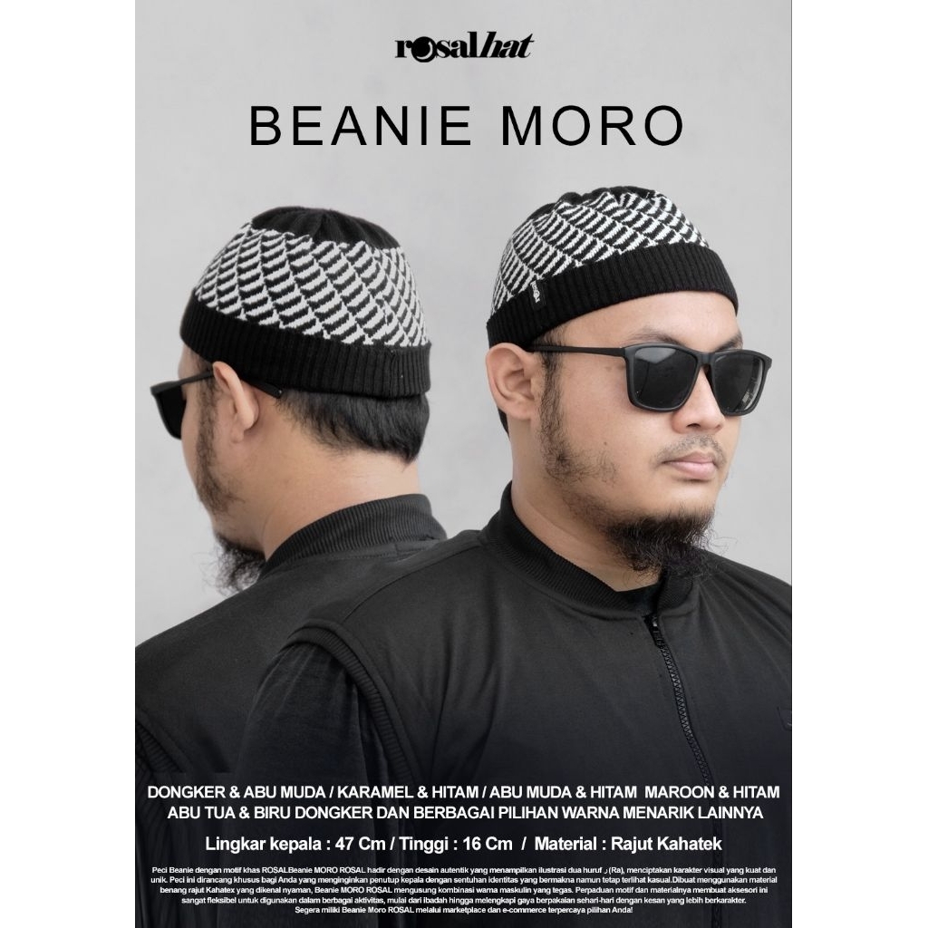 Peci Rajut Beanie MORO ROSAL | Kupluk Pria Motif Huruf Arab | Peci Modern Kekinian