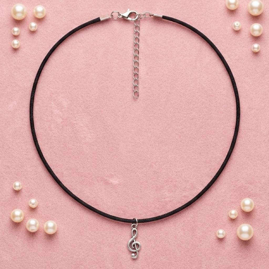 kalung choker necklace silver note musik musical note Kalung Handmade choker tali hitam