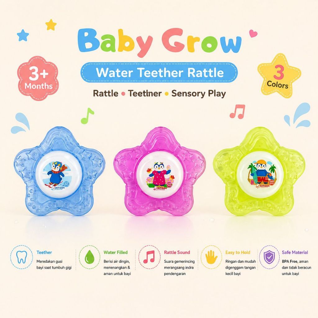 Baby Grow Teether Rattle | Teether Bayi BPA Free | Mainan Bayi 3+ Bulan