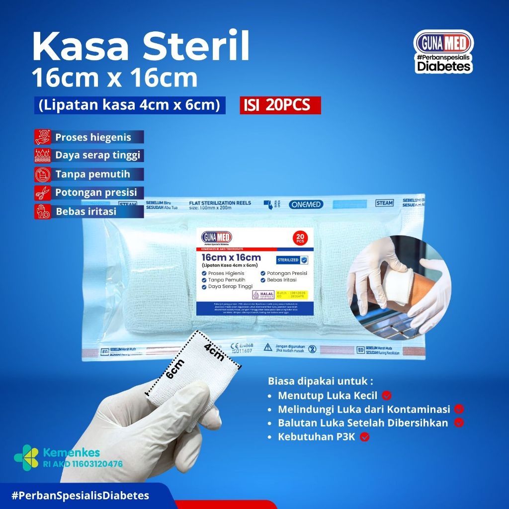 KASA STERIL GUNAMED / KASA 16CM X 16CM ISI 20 PCS / LIPATAN KASA 4CM X 6CM
