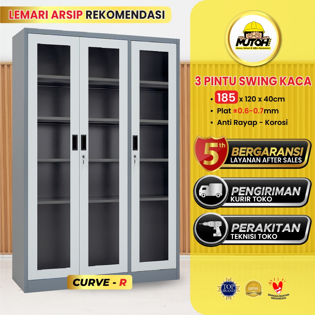 Lemari Arsip Besi 3 Pintu Kaca MUTOH | Lemari Arsip Kantor 3 Pintu 2 Warna R