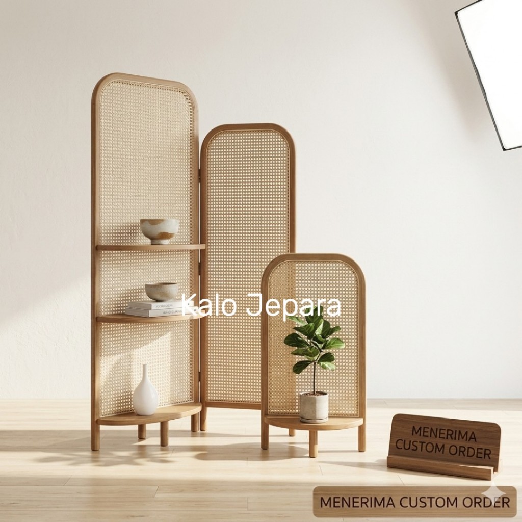 Penyekat Ruangan Rotan Alami 3 Pintu Partisi Kayu Jati Minimalis Dekorasi Ruang Tamu Aesthetic Jepar