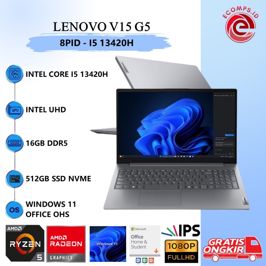 LENOVO V15 G5 I5 13420H 8GB 512GB W11+OHS 15.6FHD IPS 2Y GRY, Garansi Resmi