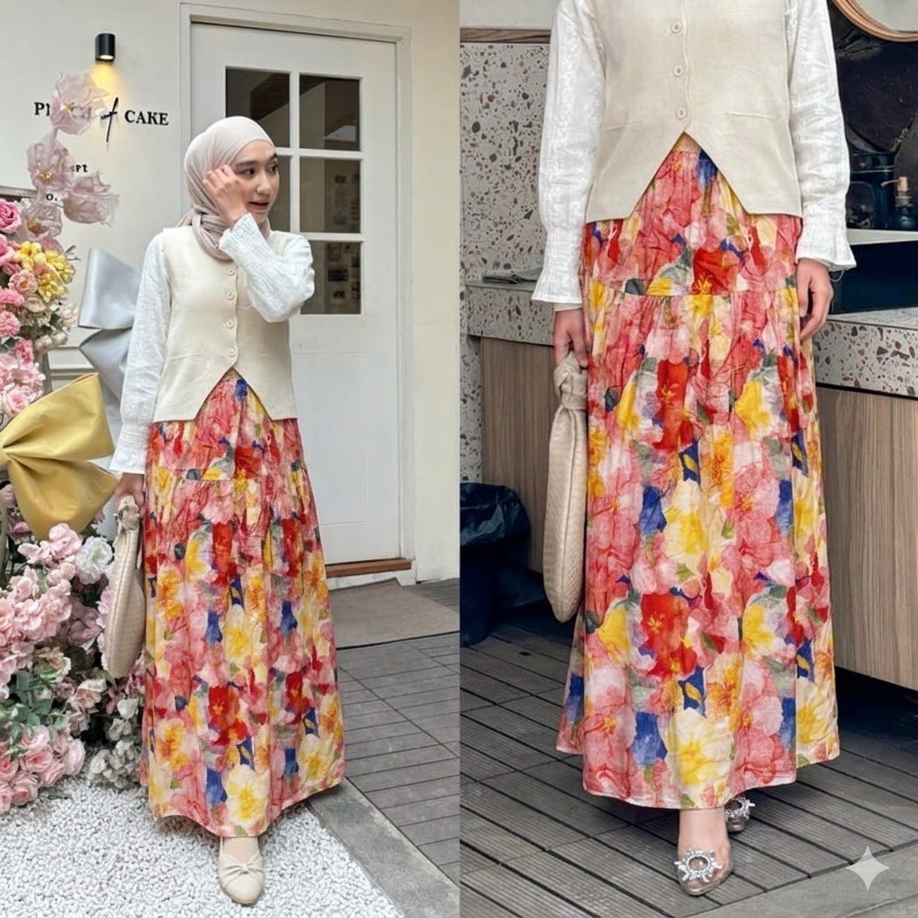 Rok motif bunga viral kekinian  - Rosella Rok Wanita Bahan Rayon Motif Bunga Warna Cerah