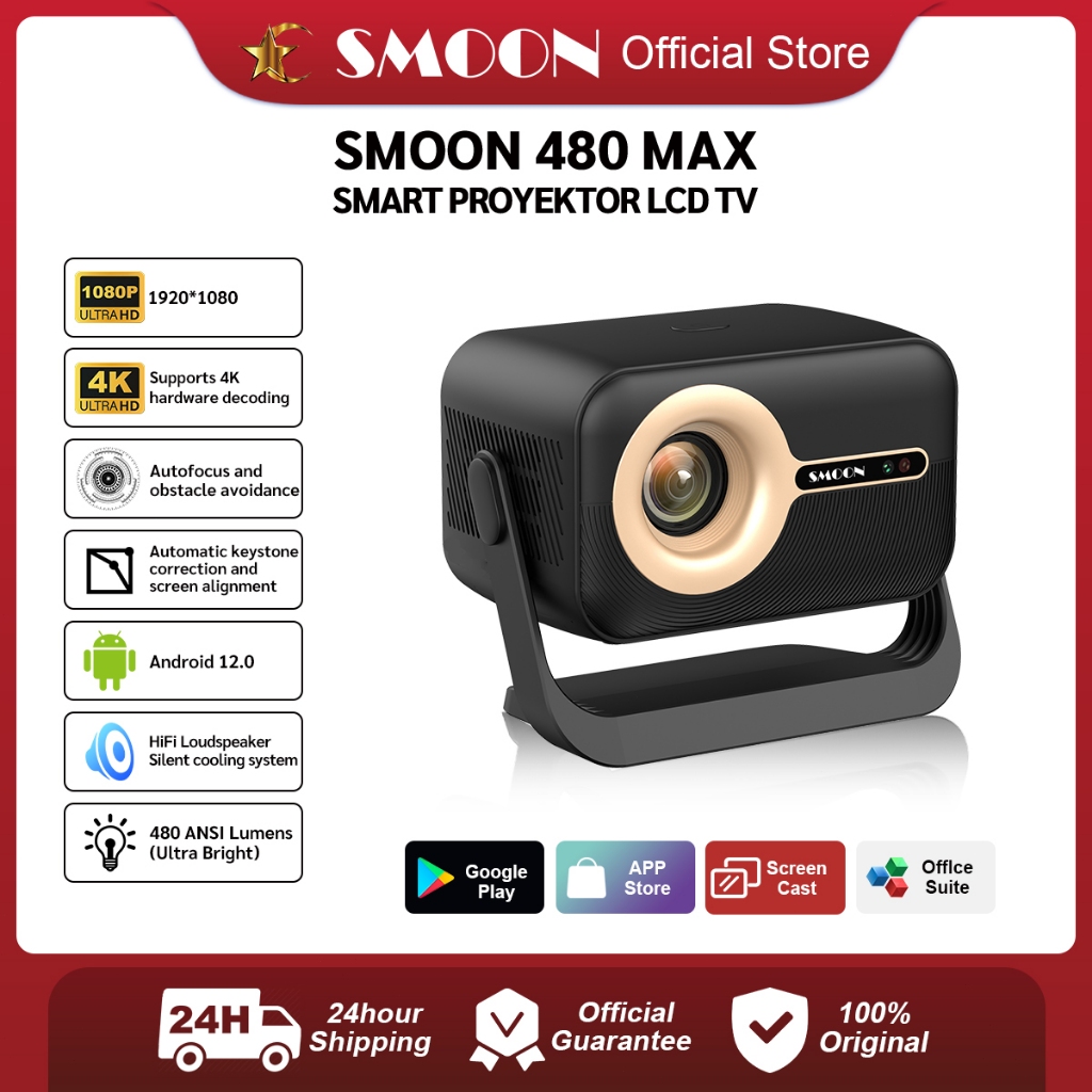 Proyektor Android Home Theater SMOON 480 MAX- 480 ANSI Lumens Cerah | Google TV, Netflix 4K, Fokus O