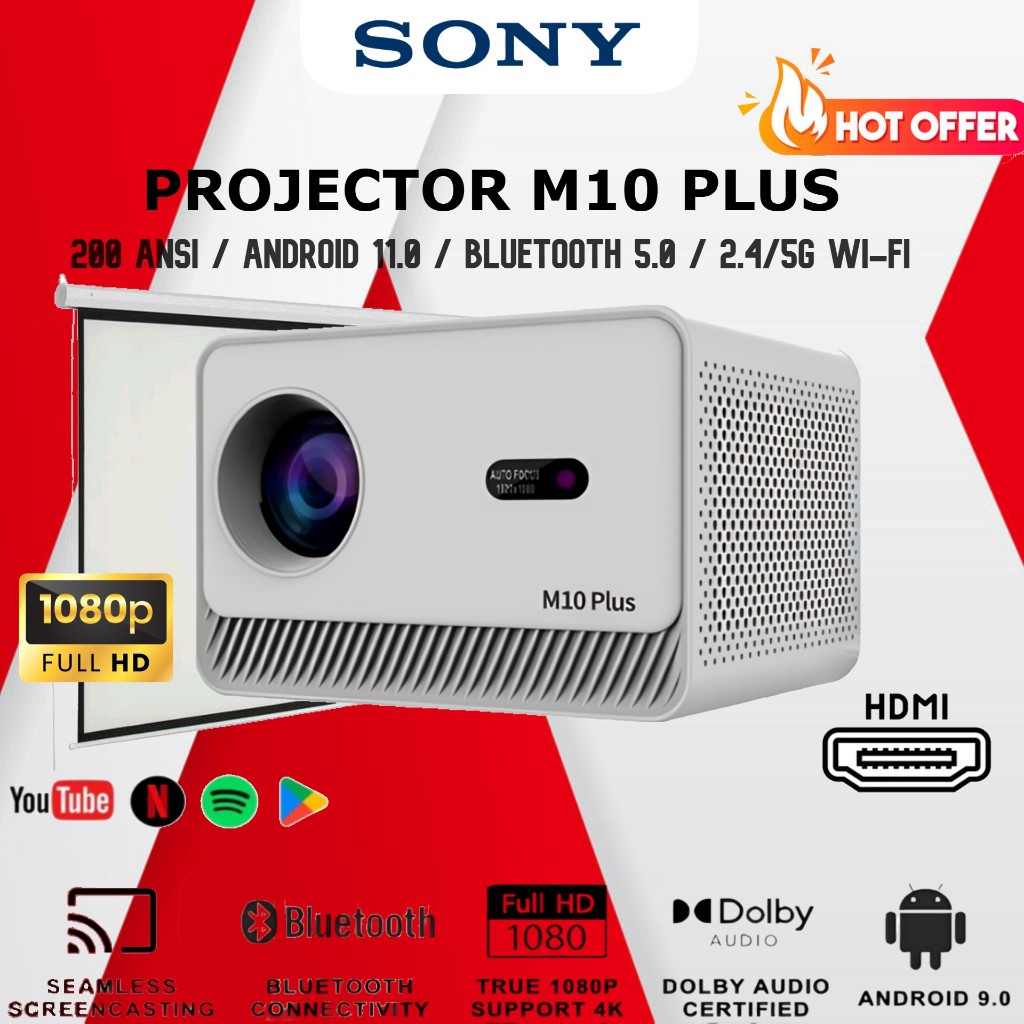 Proyektor M10 Plus Android 11.0 Mendukung UHD 4K Home Theater Fokus Otomatis Wifi Ganda TV HDR Proye