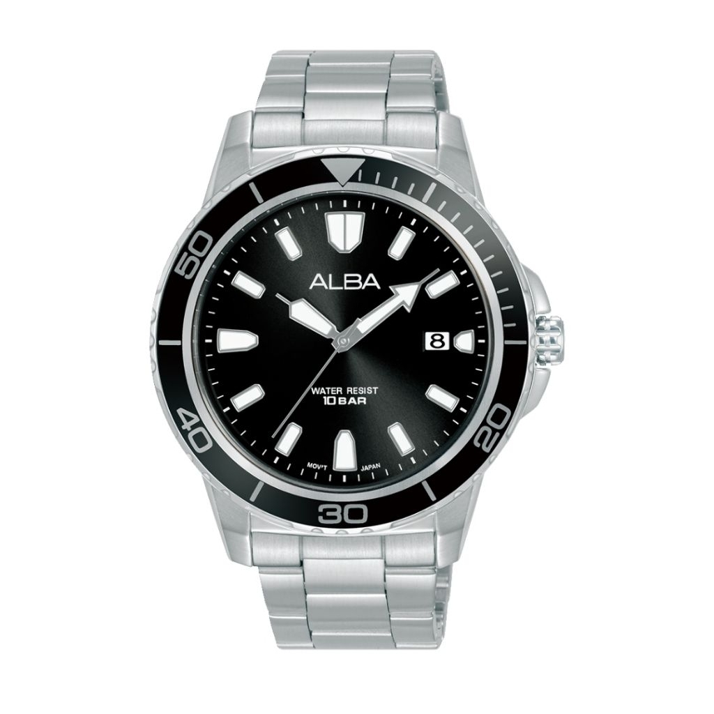 Jam Tangan Alba Pria AS9U13X1 Quartz Movement Black Dial Water Resistant 10 Bar All Stainless Steel