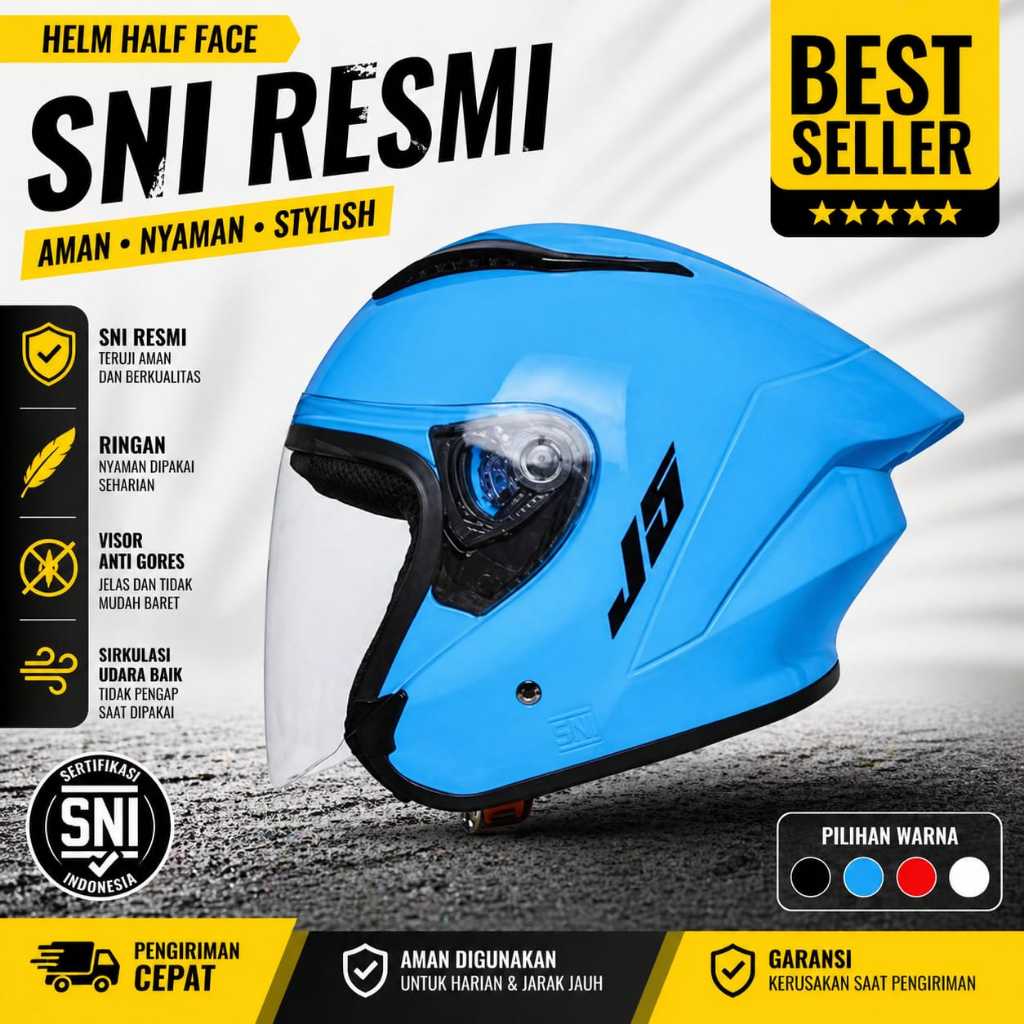 Helm Half Face XYZ J5 / J9 Ice Blue - Model Kekinian, Nyaman Dipakai, Kaca Bening Wanita Pria Dewasa