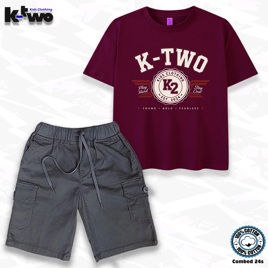 K-TWO Setelan Celana Chinos Cargo / Set Kaos Distro Anak 5-12 Th Katun Kombed 24s