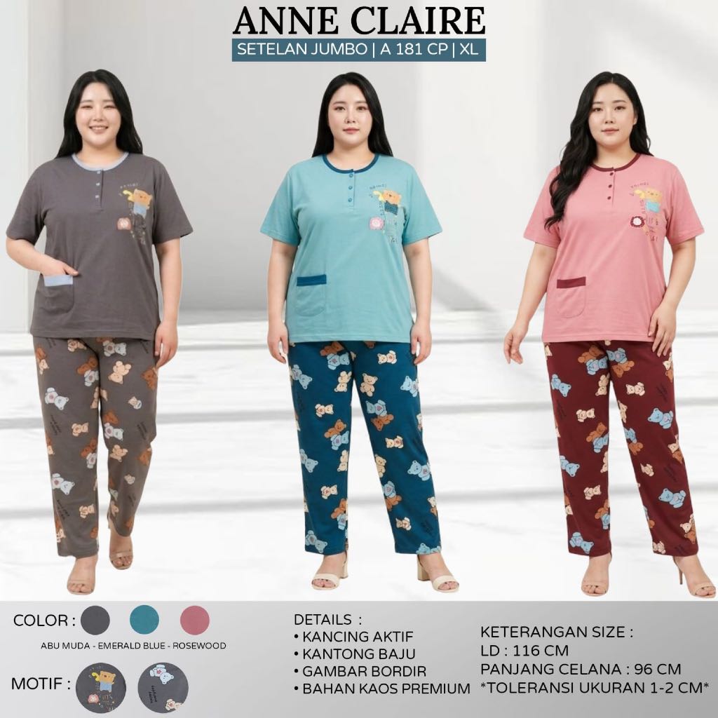AC - CP - ANNE CLAIRE SETELAN DEWASA JUMBO Baju Tidur BabyDoll Lengan Pendek Celana Panjang - XL/2L