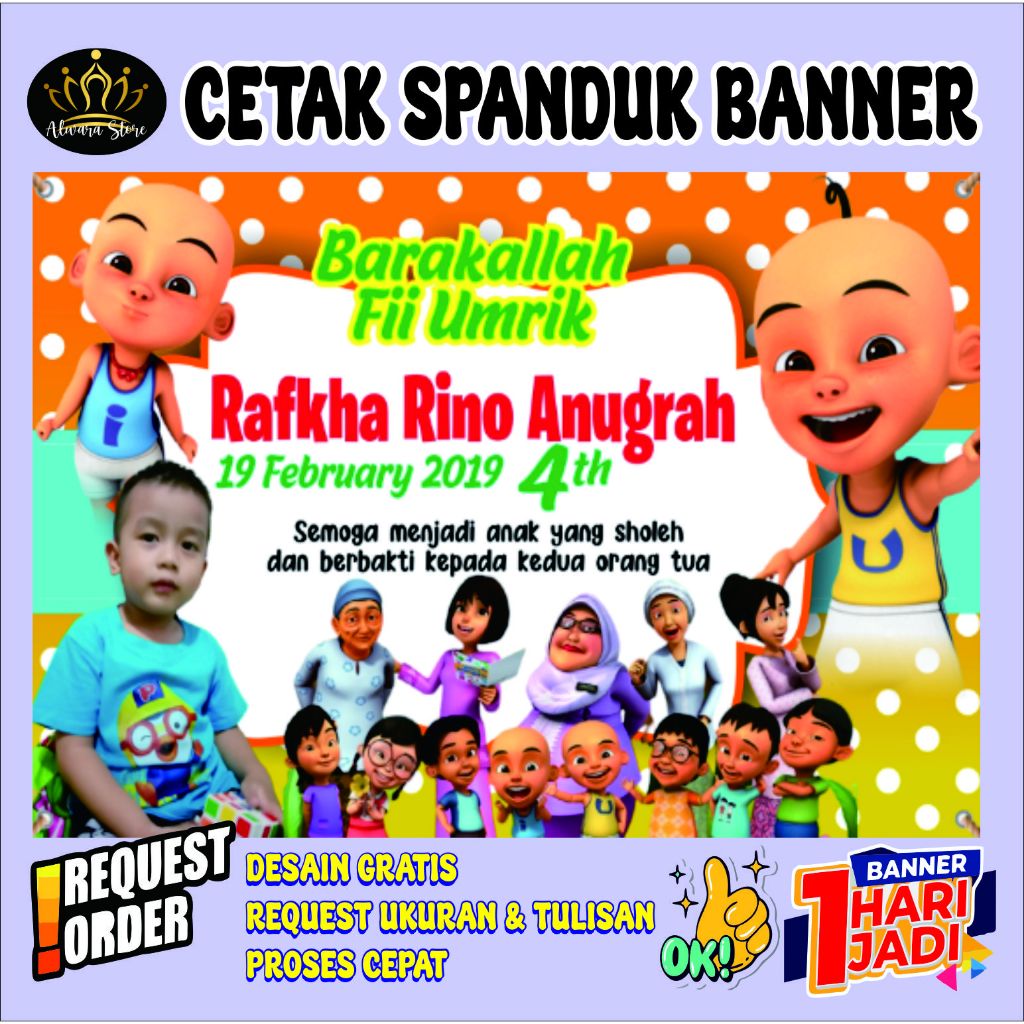 Spanduk Ulang Tahun Selamat Happy Birthday Tema Upin Ipin Kartun Anak Lucu Cetak Banner Custom Balih