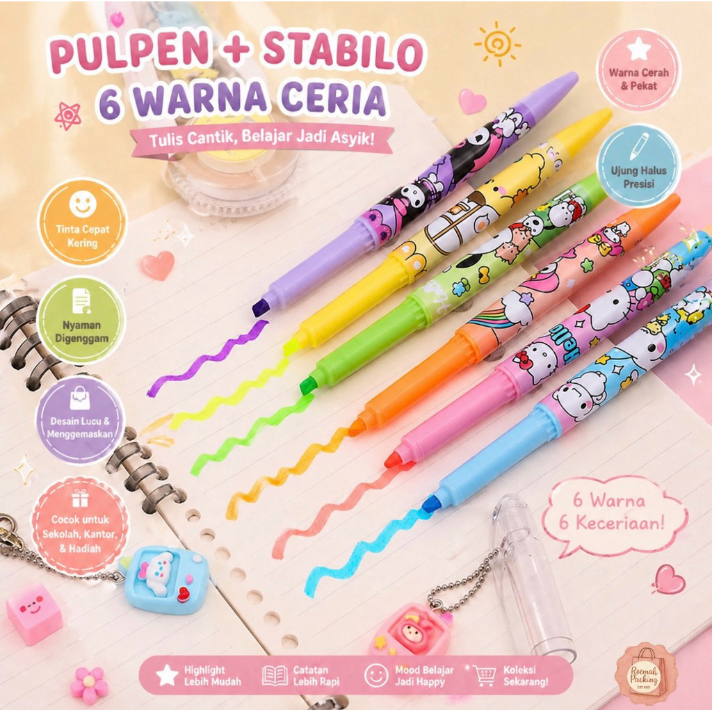 Pulpen stabilo lucu kawaii highlighter sekolah aesthetic/ Pulpen stabilo pastel lucu